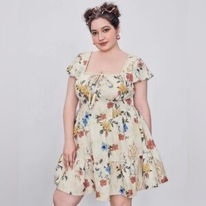 FLORAL KNOTTED RUFFLE HEM MINI DRESS CURVE & PLUS